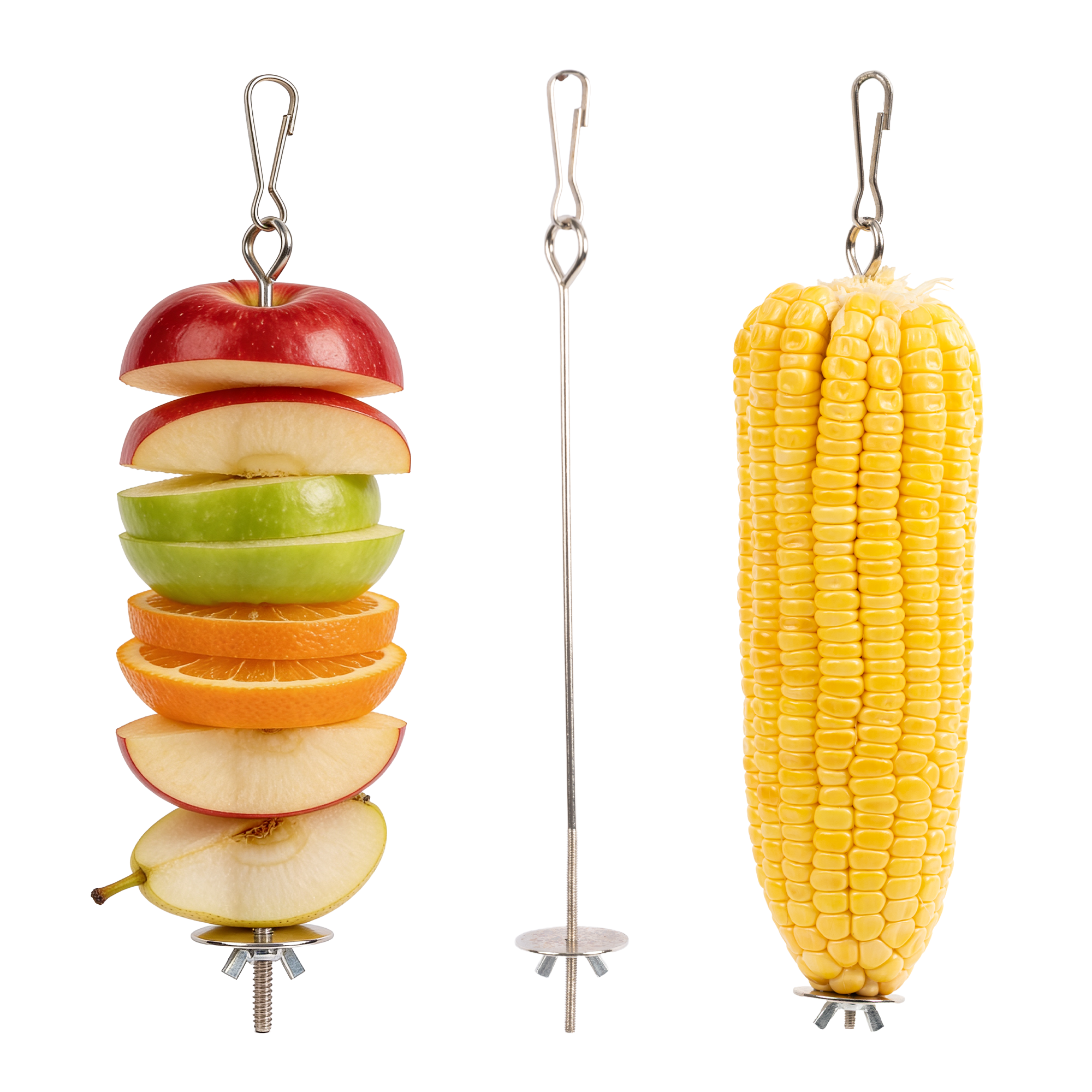 Bird Food Holder Combo Set, 5 Pcs Stainless Steel Hanging Stick Skewer, Fruit Vegetable Bird Feeder with Secure Lock Hook & Anti-Drop Base for Small Birds & Animals