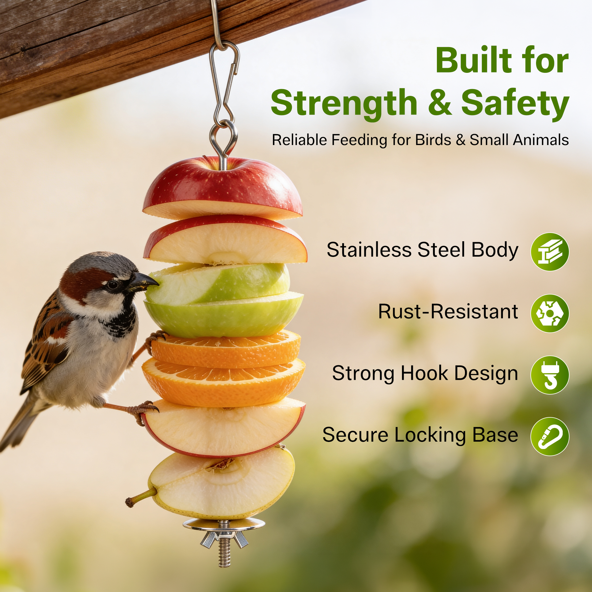 Bird Food Holder Combo Set, 5 Pcs Stainless Steel Hanging Stick Skewer, Fruit Vegetable Bird Feeder with Secure Lock Hook & Anti-Drop Base for Small Birds & Animals