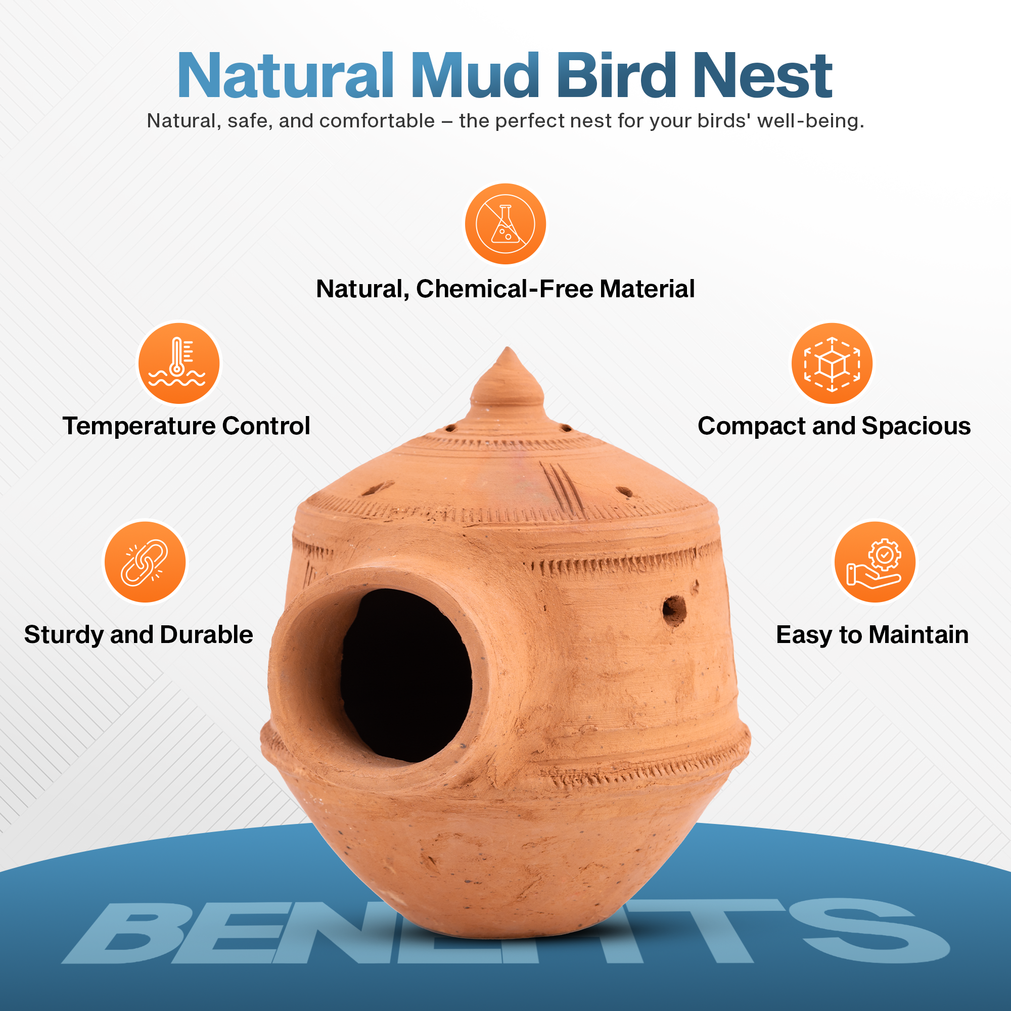 Natural Mud Hanging Bird Nest for Balcony & Garden – Bird House for Sparrows, Budgies, Lovebirds & Squirrels , Indoor & Outdoor Use –Cooling Design with Hanging Loop (1 Pc, Red Brown)