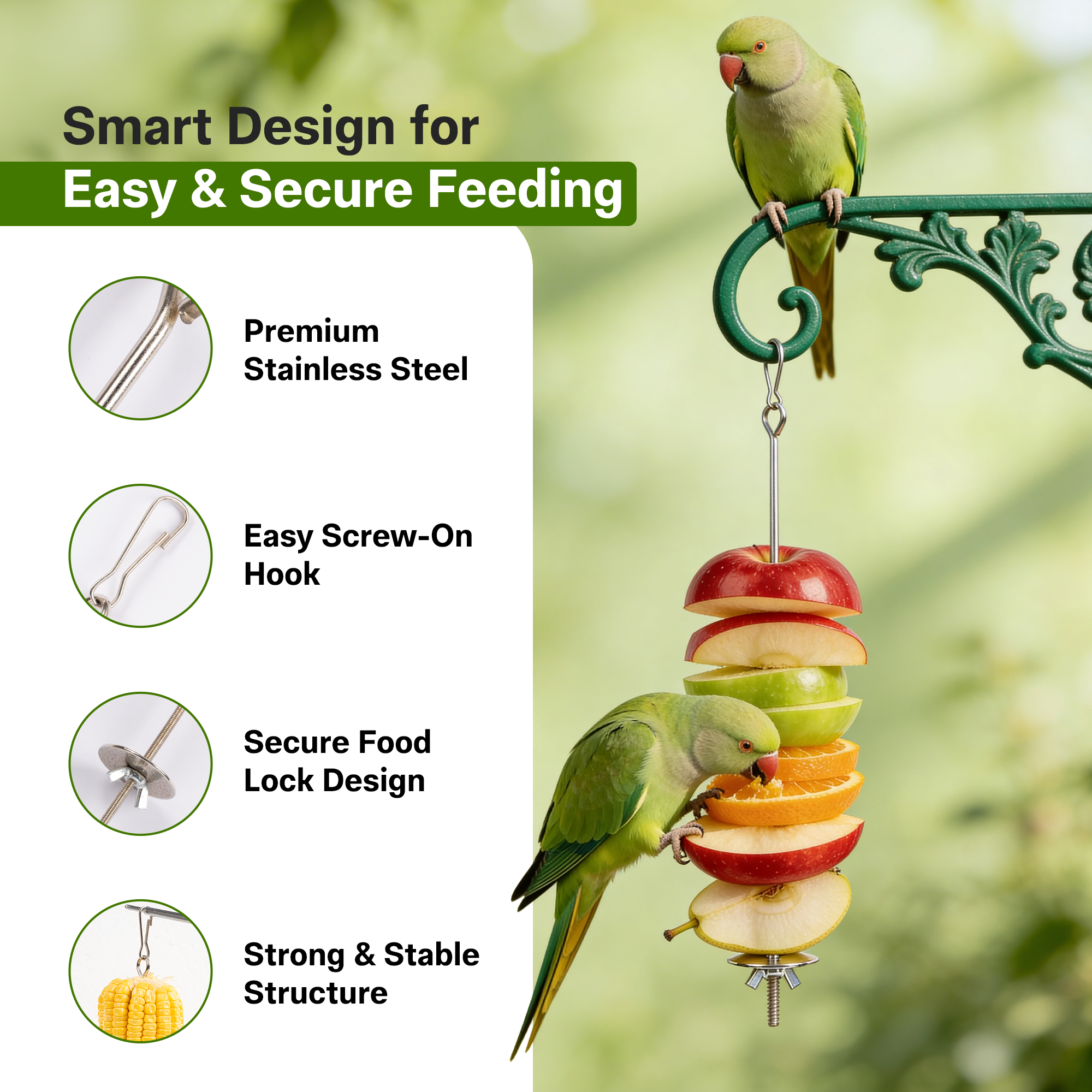 Bird Food Holder Combo Set, 5 Pcs Stainless Steel Hanging Stick Skewer, Fruit Vegetable Bird Feeder with Secure Lock Hook & Anti-Drop Base for Small Birds & Animals