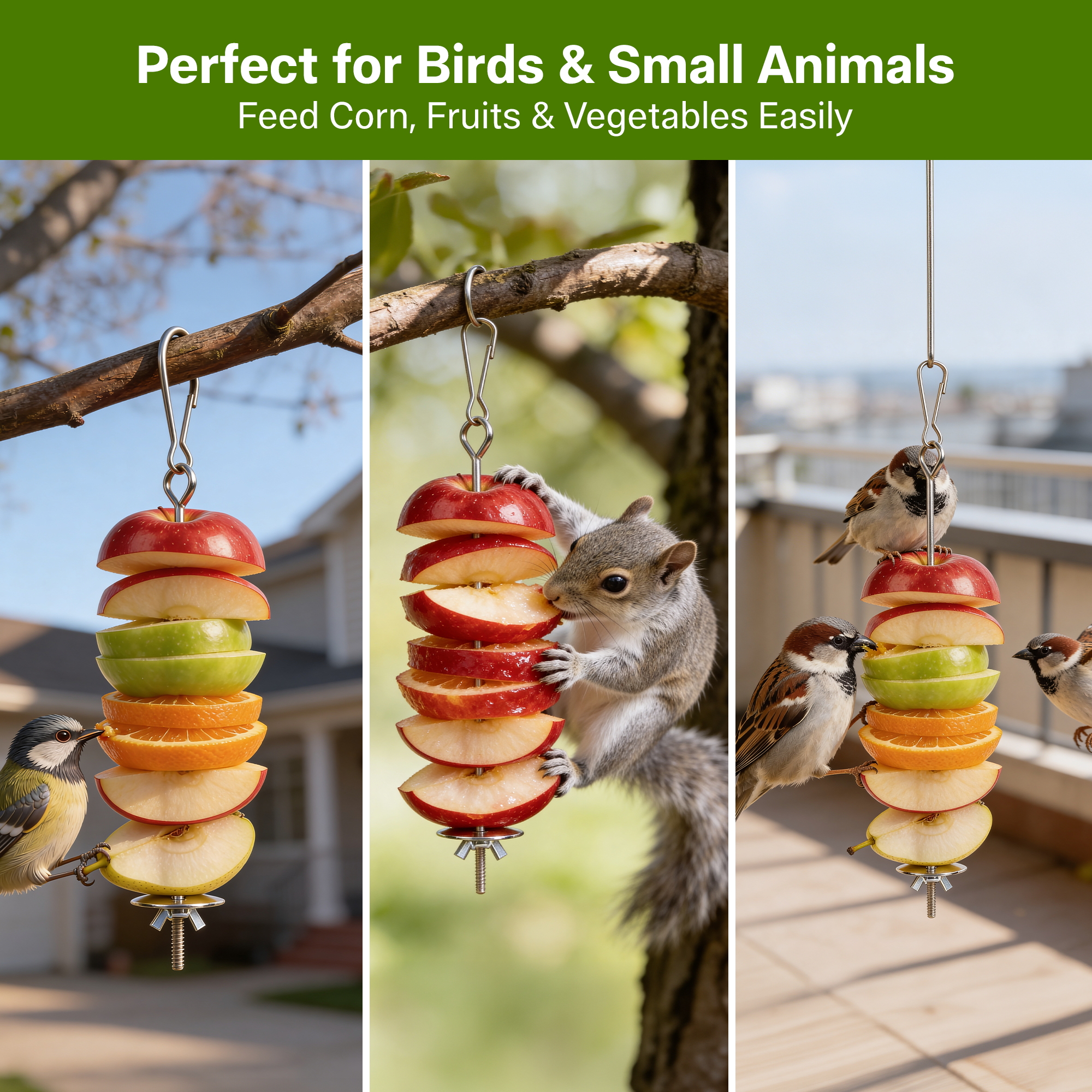 Bird Food Holder Combo Set, 5 Pcs Stainless Steel Hanging Stick Skewer, Fruit Vegetable Bird Feeder with Secure Lock Hook & Anti-Drop Base for Small Birds & Animals