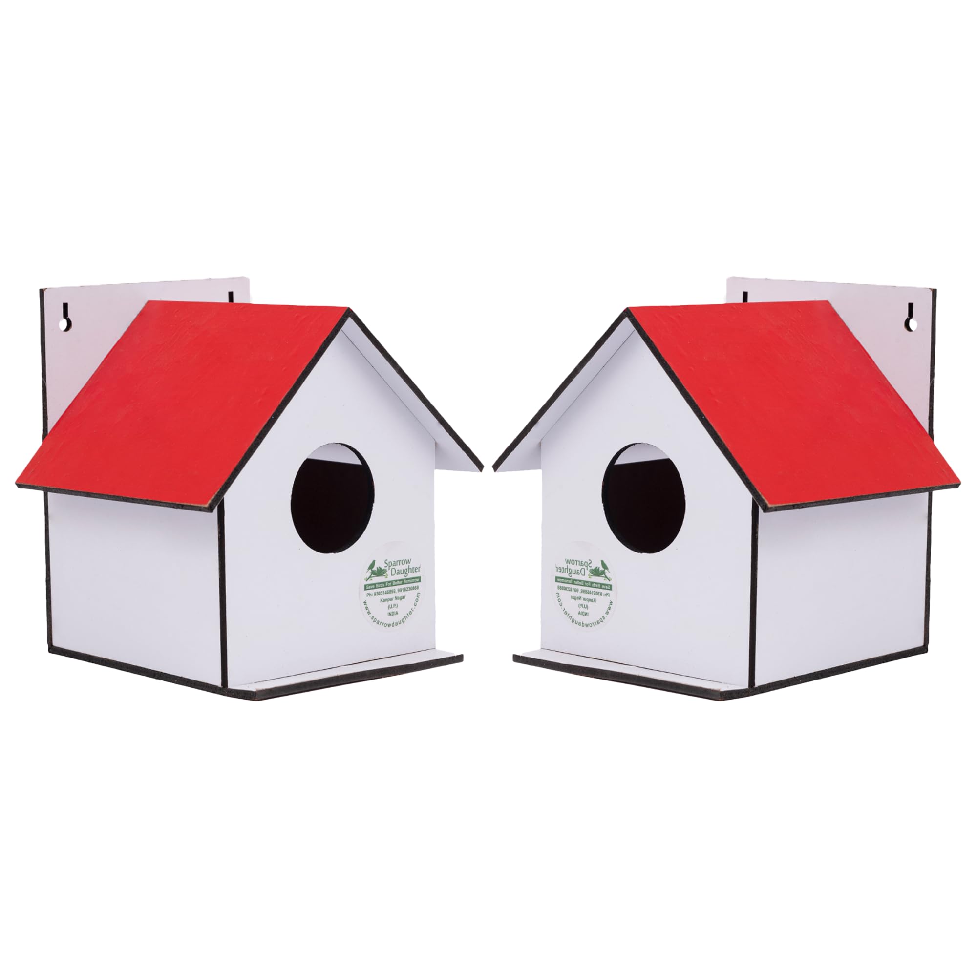 Sparrow Daughter Hut Shape MDF Bird House for House Sparrow, Love Birds, Wooden Bird Nest for Balcony & Garden Hanging, Small (Set of 2)