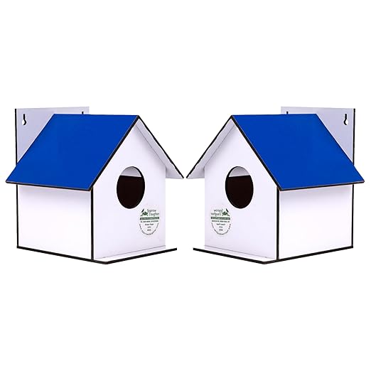 Sparrow Daughter Hut Shape MDF Bird House for House Sparrow, Love Birds, Wooden Bird Nest for Balcony & Garden Hanging, Small (Set of 2)