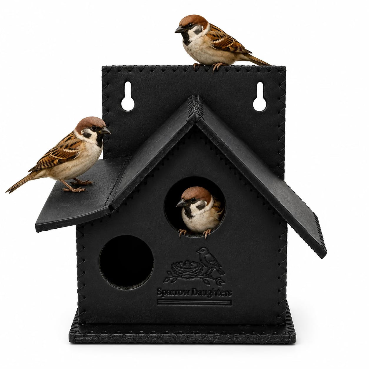 Sparrows Daughters Premium Recycled Leather Bird House for Outside | Handcrafted Sparrow Nesting Box | Side Ventilation | Wall Mount | Weather Resistant & Waterproof | Garden Balcony Hanging | Black