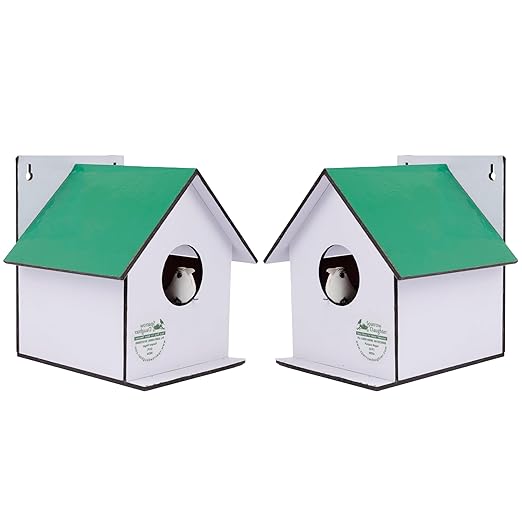 Sparrow Daughter Hut Shape MDF Bird House for House Sparrow, Love Birds, Wooden Bird Nest for Balcony & Garden Hanging, Small (Set of 2)