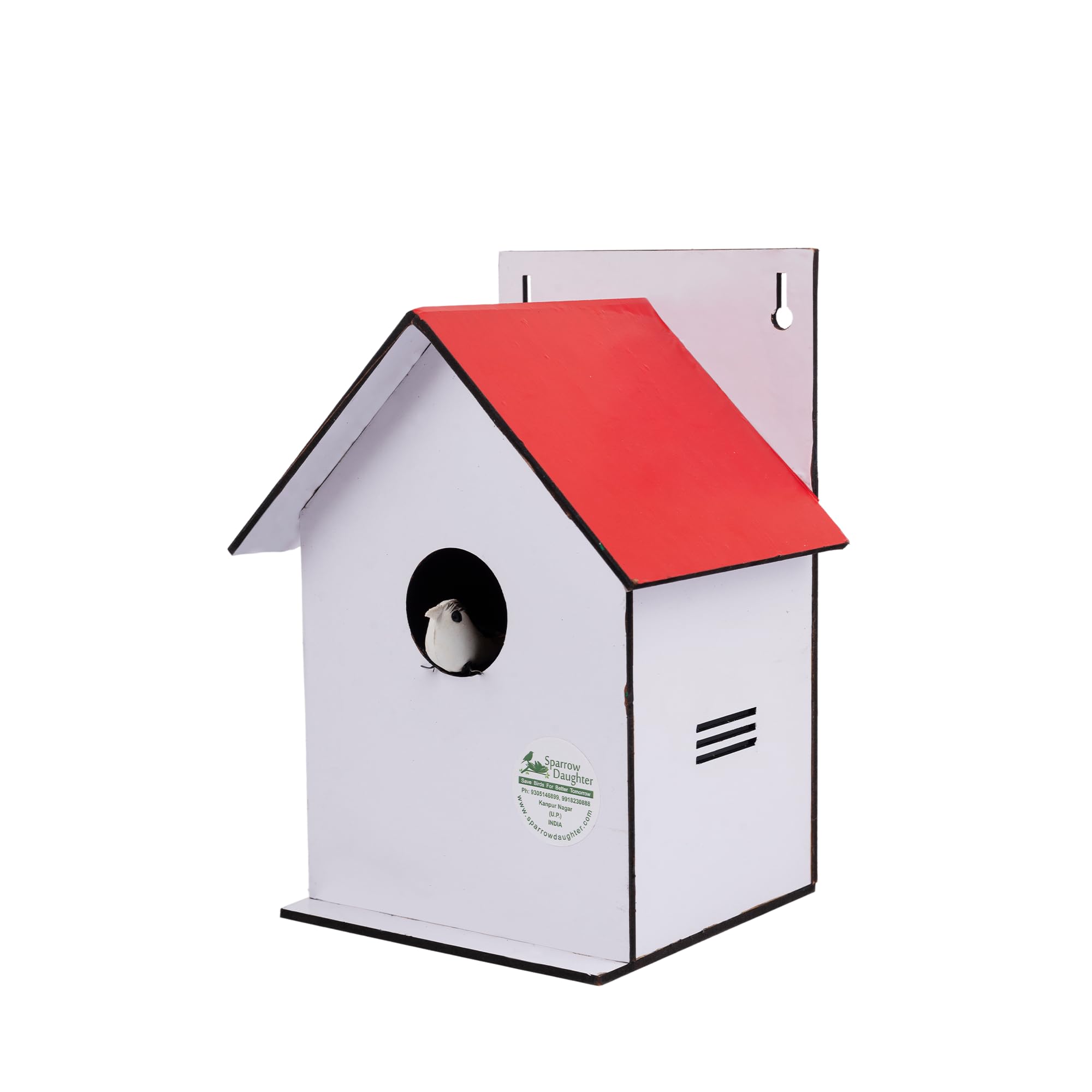 Sparrow Daughter Hut Shape MDF Bird House for House Sparrow, Love Birds, Wooden Bird Nest for Balcony & Garden Hanging, Medium Size