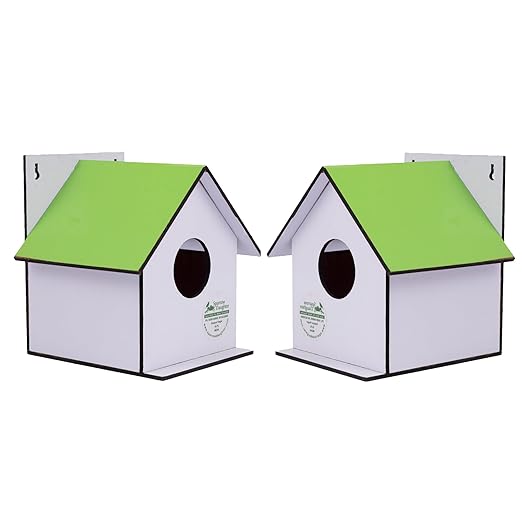 Sparrow Daughter Hut Shape MDF Bird House for House Sparrow, Love Birds, Wooden Bird Nest for Balcony & Garden Hanging, Small (Set of 2)