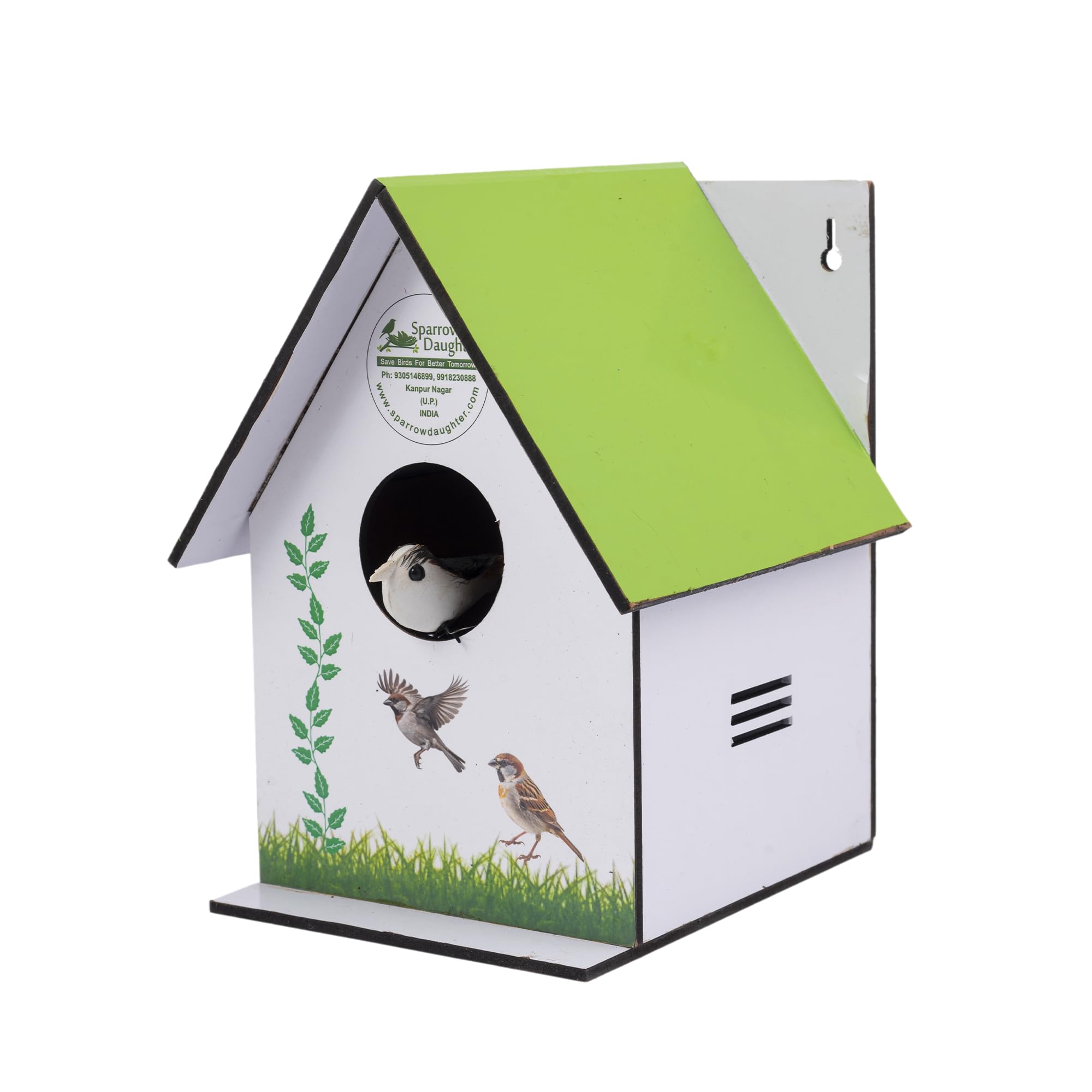 Sparrow daughter MDF Printed Bird House nest for Balcony & Garden Hanging Made with Russian Wood Designed for Love Birds, Sparrow, Hummingbird, Kingfisher (Light Green Color)