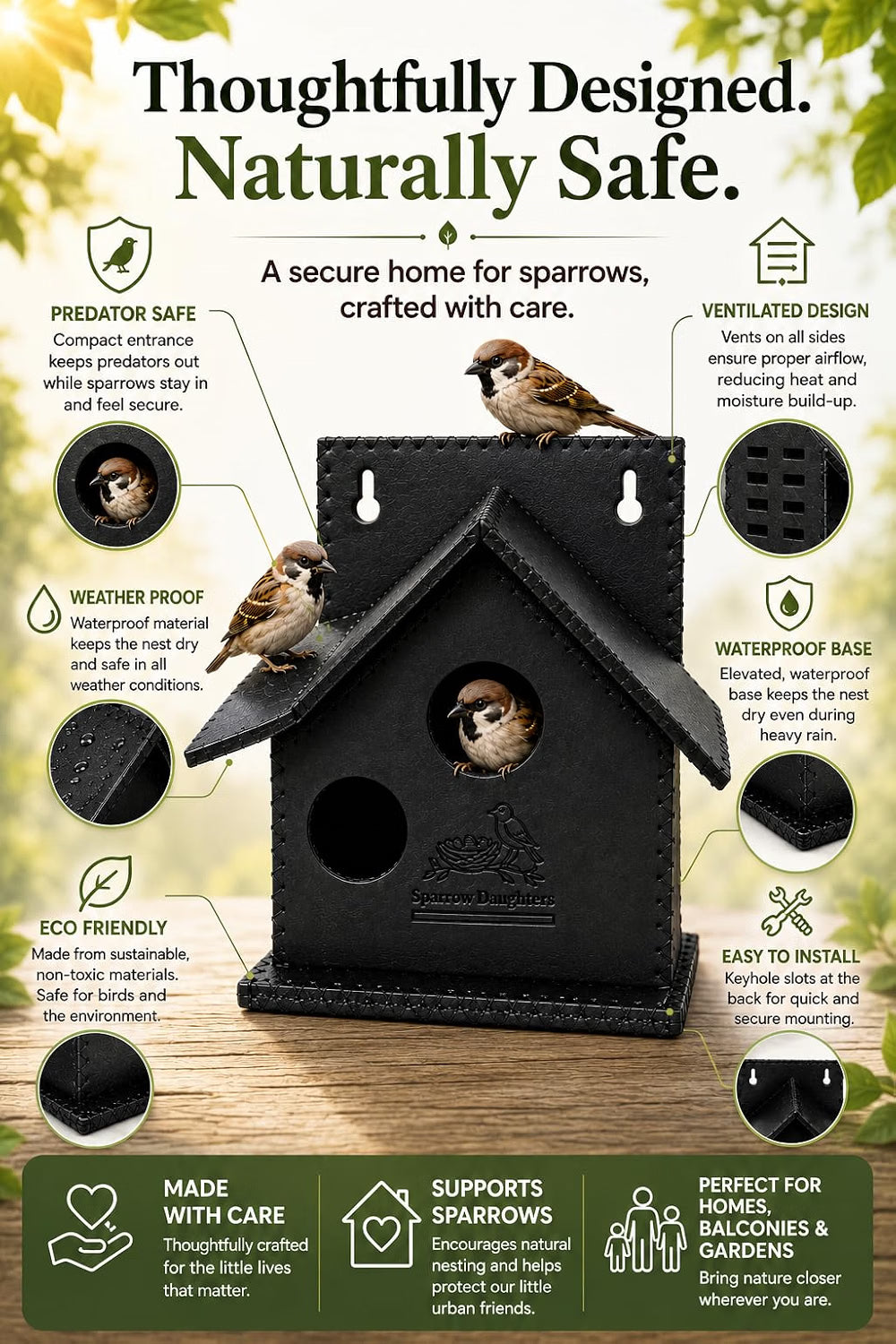 Sparrows Daughters Premium Recycled Leather Bird House for Outside | Handcrafted Sparrow Nesting Box | Side Ventilation | Wall Mount | Weather Resistant & Waterproof | Garden Balcony Hanging | Black