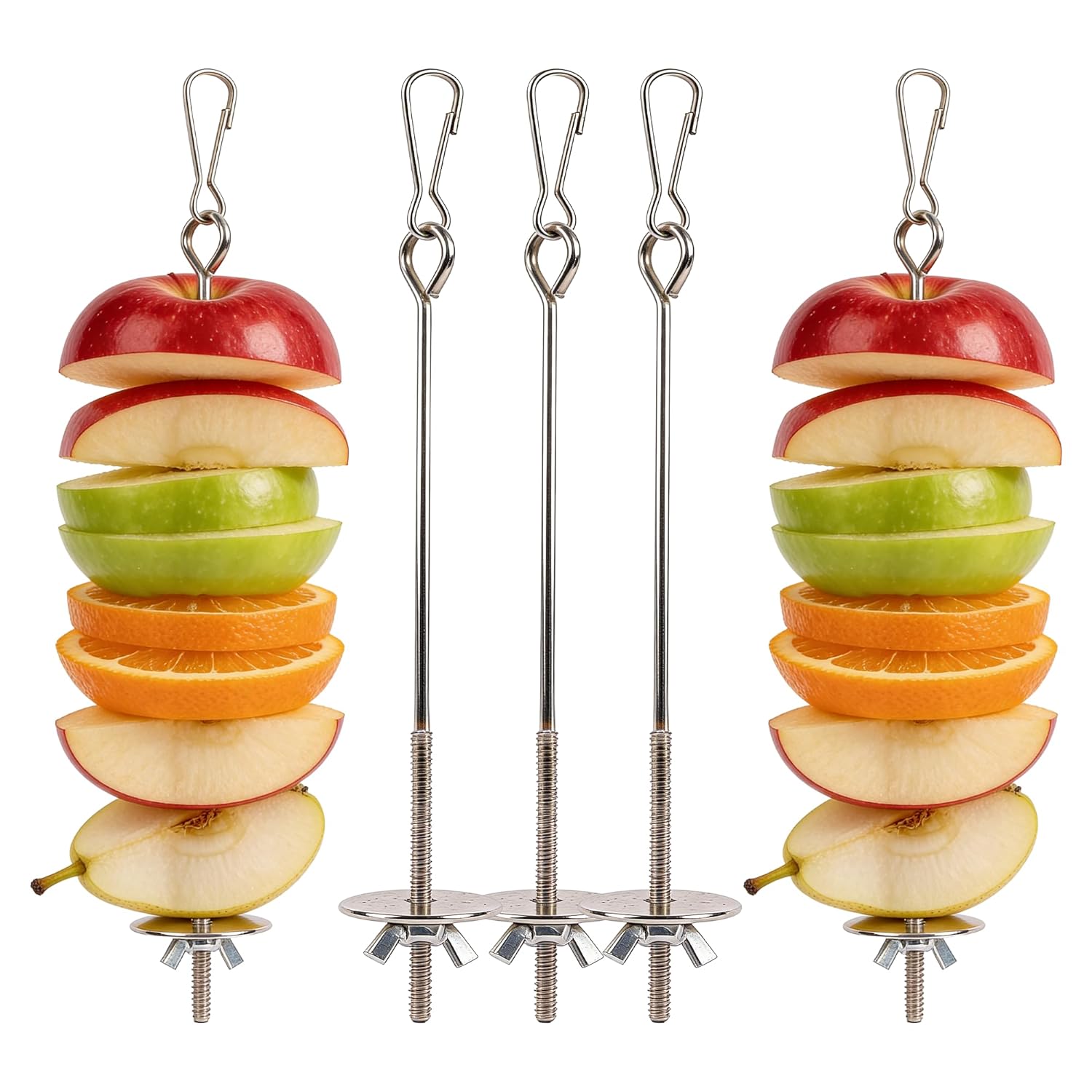 Bird Food Holder Combo Set, 5 Pcs Stainless Steel Hanging Stick Skewer, Fruit Vegetable Bird Feeder with Secure Lock Hook & Anti-Drop Base for Small Birds & Animals