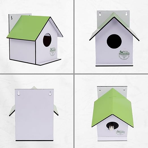 Sparrow Daughter Hut Shape MDF Bird House for House Sparrow, Love Birds, Wooden Bird Nest for Balcony & Garden Hanging, Small (Set of 2)