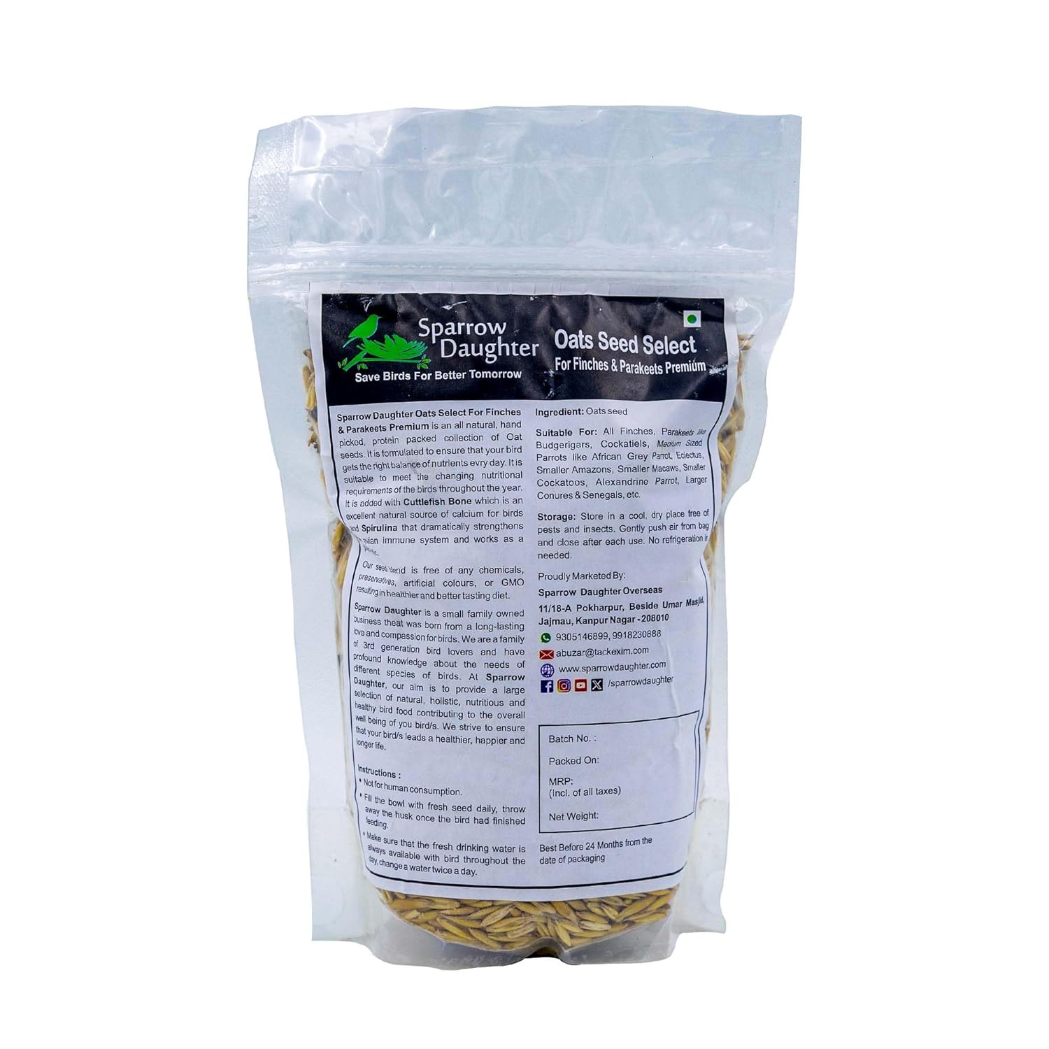 Sparrow Daugther Premium Oats Seed for Finches & Parakeets, Bird Food for All Types of Birds, Lovebirds, Cockatiels, African Grey, Cockatoo. Dry Long Oat Seeds for Everyday use.