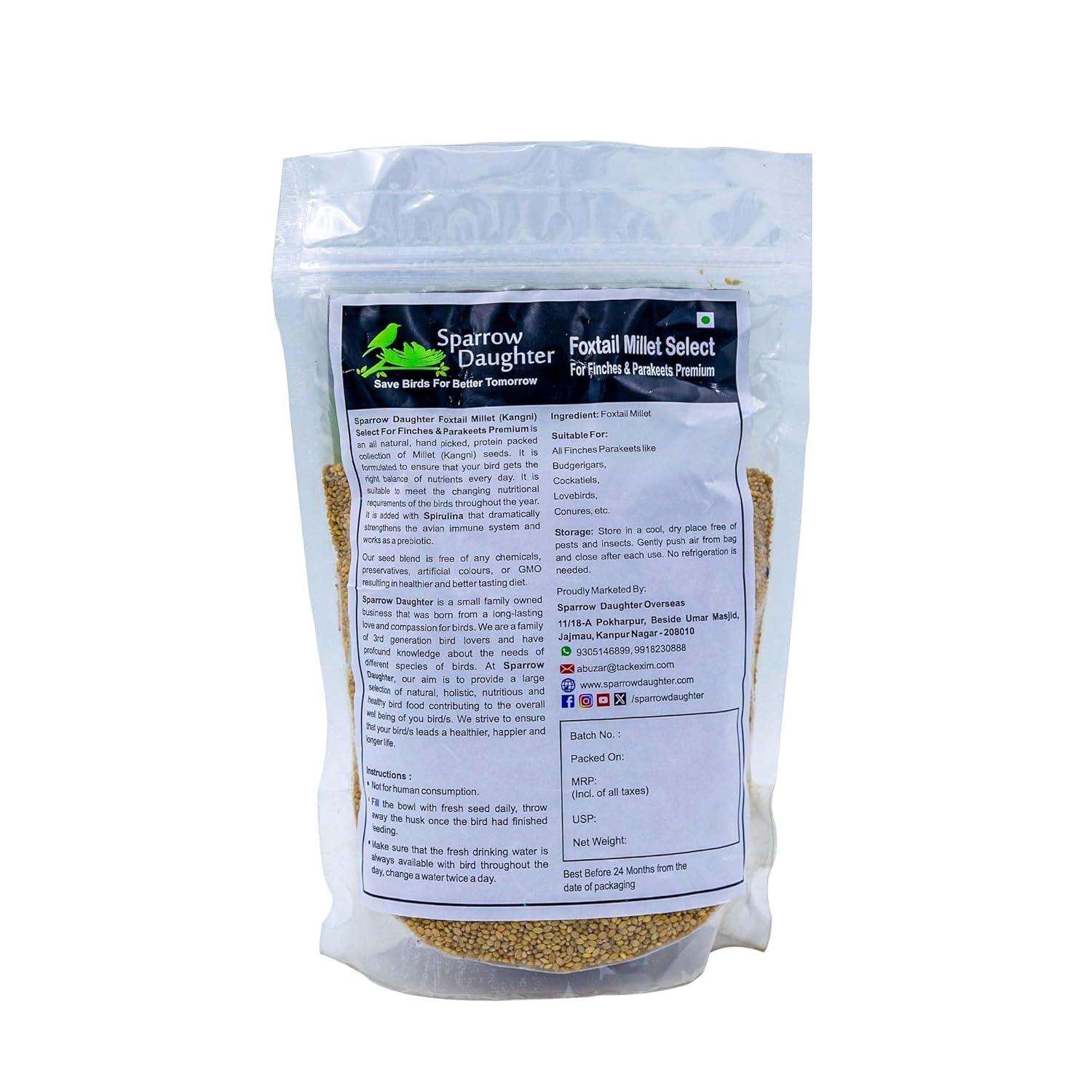 Sparrow Daughter Foxtail Millet (Kangni) Bird Food Suitable for Finches, Parakeets, Budgies, Lovebirds, Cockatiels & Parrots. Daily Natural & Healthy Bird Food