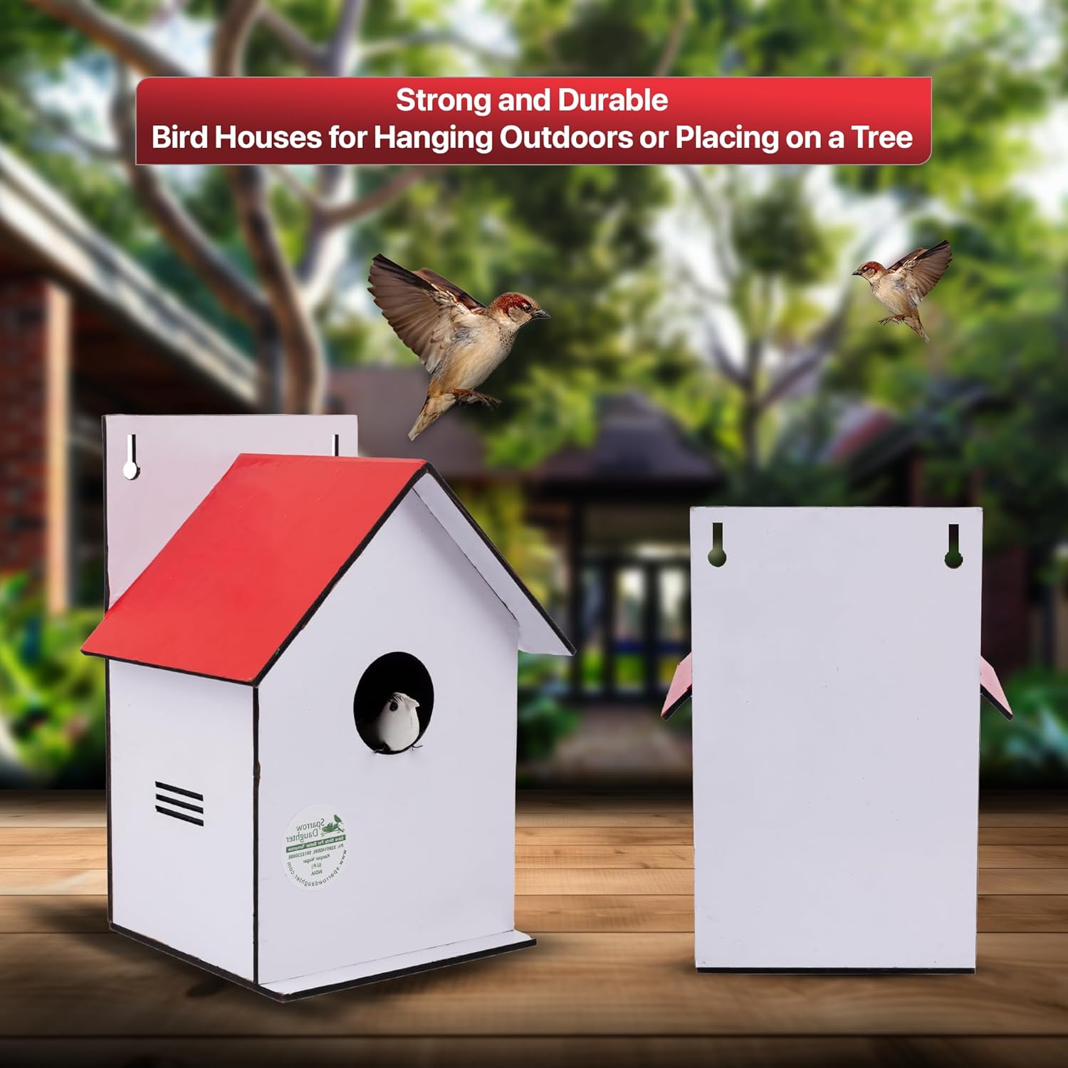 Sparrow Daughter Hut Shape MDF Bird House for House Sparrow, Love Birds, Wooden Bird Nest for Balcony & Garden Hanging, Medium Size