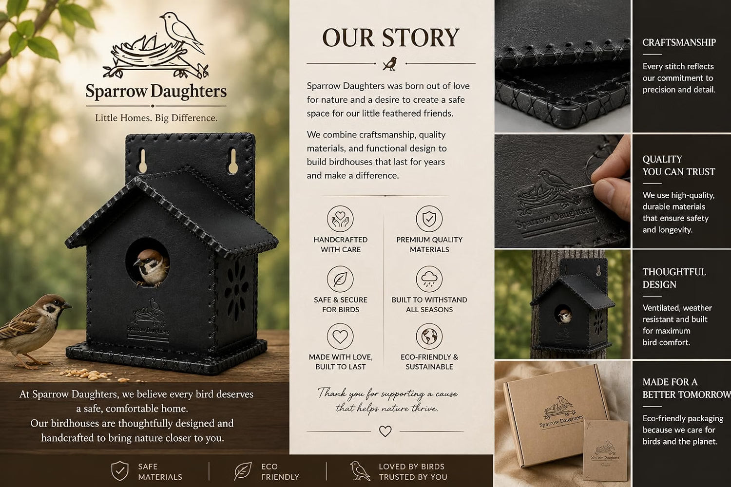 Sparrows Daughters Recycled Leather  Birdhouse & Bird Nest for Balcony Garden | Hanging Sparrow Nest with Air Ventilation | Wall Mount | Weather Resistant | Chidiya Ka Ghosla | Waterproof | Black