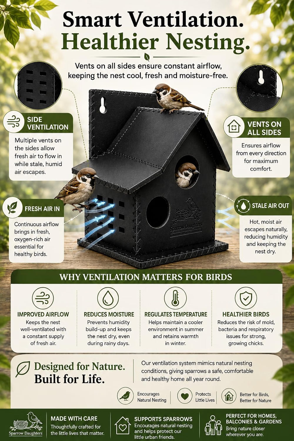 Sparrows Daughters Premium Recycled Leather Bird House for Outside | Handcrafted Sparrow Nesting Box | Side Ventilation | Wall Mount | Weather Resistant & Waterproof | Garden Balcony Hanging | Black