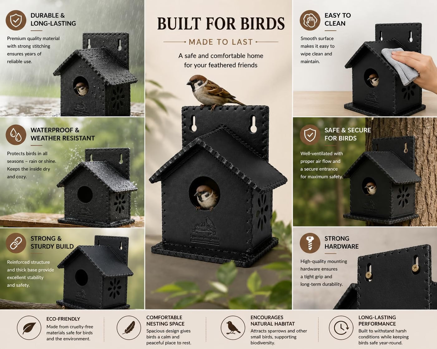 Sparrows Daughters Recycled Leather  Birdhouse & Bird Nest for Balcony Garden | Hanging Sparrow Nest with Air Ventilation | Wall Mount | Weather Resistant | Chidiya Ka Ghosla | Waterproof | Black