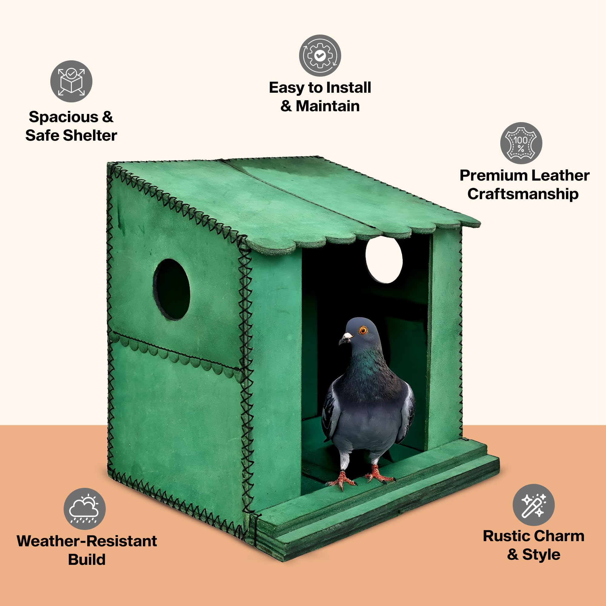 Handcrafted Leather Pigeon Bird House, with Natural Coir Nesting Material, Outdoor Doves Breeding Shelter Nest Box for Small Birds (7x7x6 Inch), Black