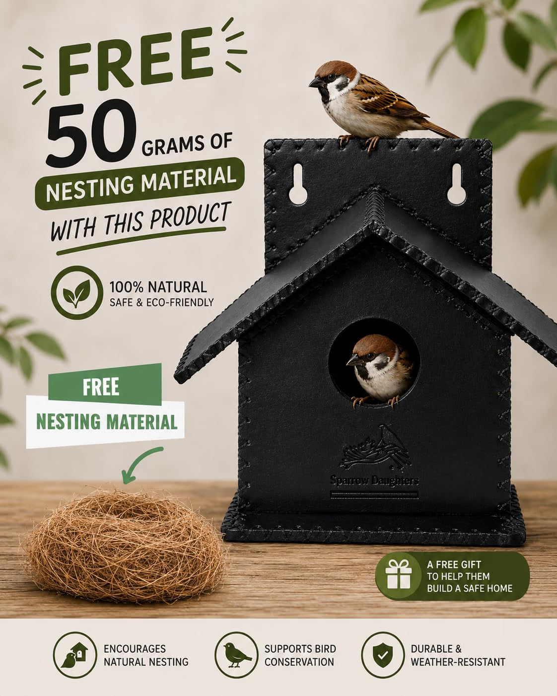 Sparrows Daughters Recycled Leather  Birdhouse & Bird Nest for Balcony Garden | Hanging Sparrow Nest with Air Ventilation | Wall Mount | Weather Resistant | Chidiya Ka Ghosla | Waterproof | Black