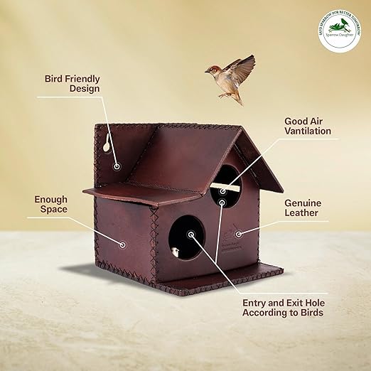 Sparrow Daughter Bird House – Original Leather, Hanging Nest Box for Balcony & Garden, Perfect for Sparrows, Lovebirds & Hummingbirds. Includes 50g Nesting Material Free!