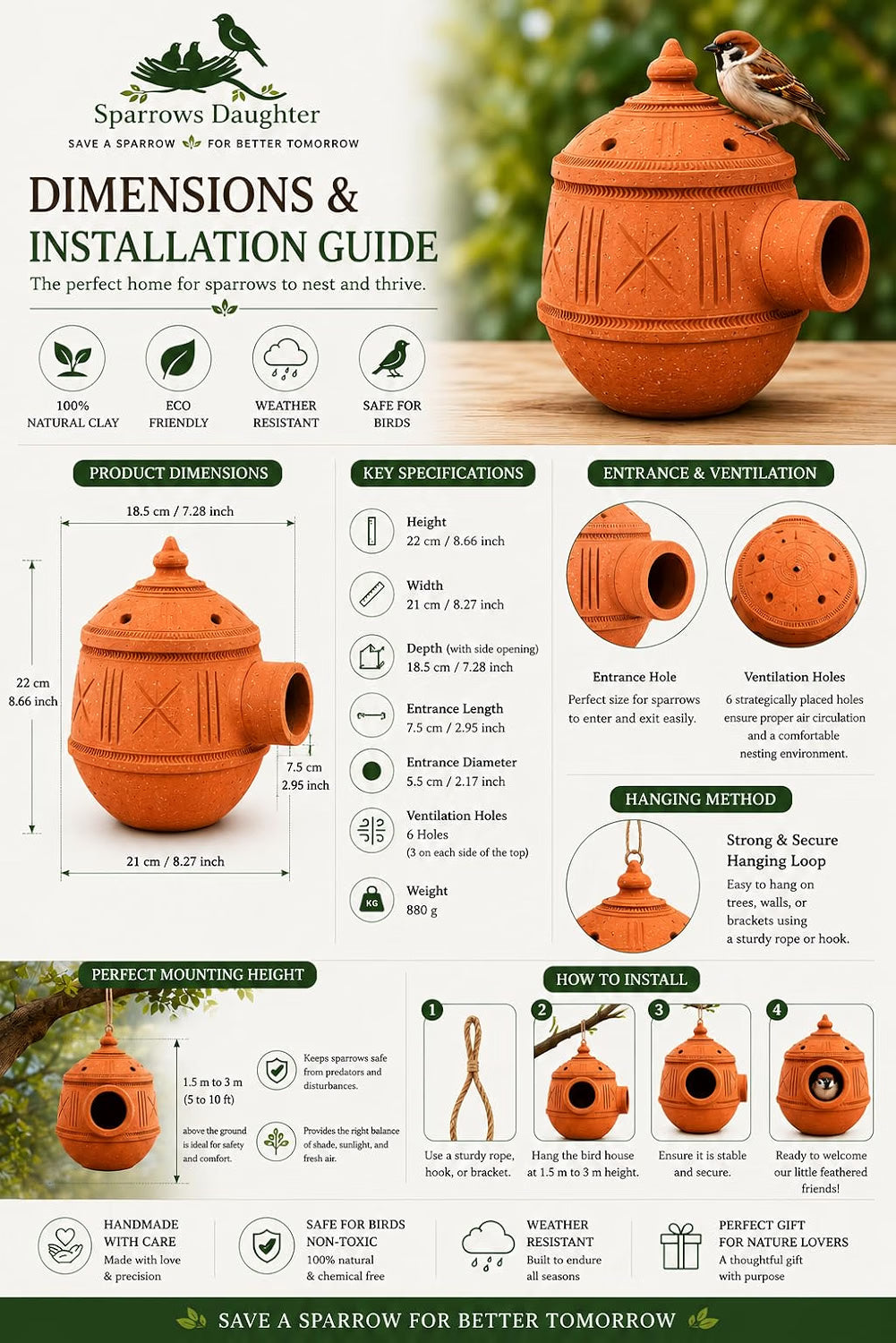 Handmade Mud Birdhouse | Terracotta Sparrow Nesting Box for Balcony Garden Terrace | 100% Natural Clay | Chidiya Ghar | Temperature Regulating Bird Nest | Eco Friendly Gift
