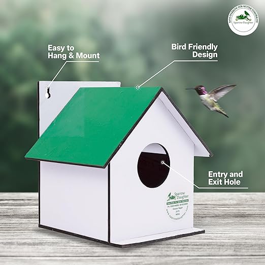 Sparrow Daughter Hut Shape MDF Bird House for House Sparrow, Love Birds, Wooden Bird Nest for Balcony & Garden Hanging, Small (Set of 2)