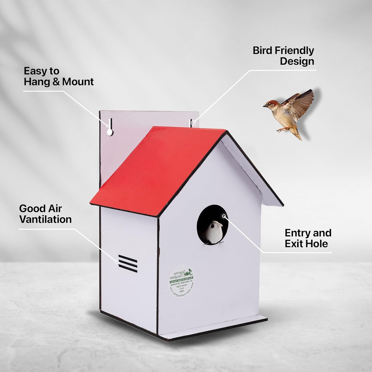 Sparrow Daughter Hut Shape MDF Bird House for House Sparrow, Love Birds, Wooden Bird Nest for Balcony & Garden Hanging, Medium Size