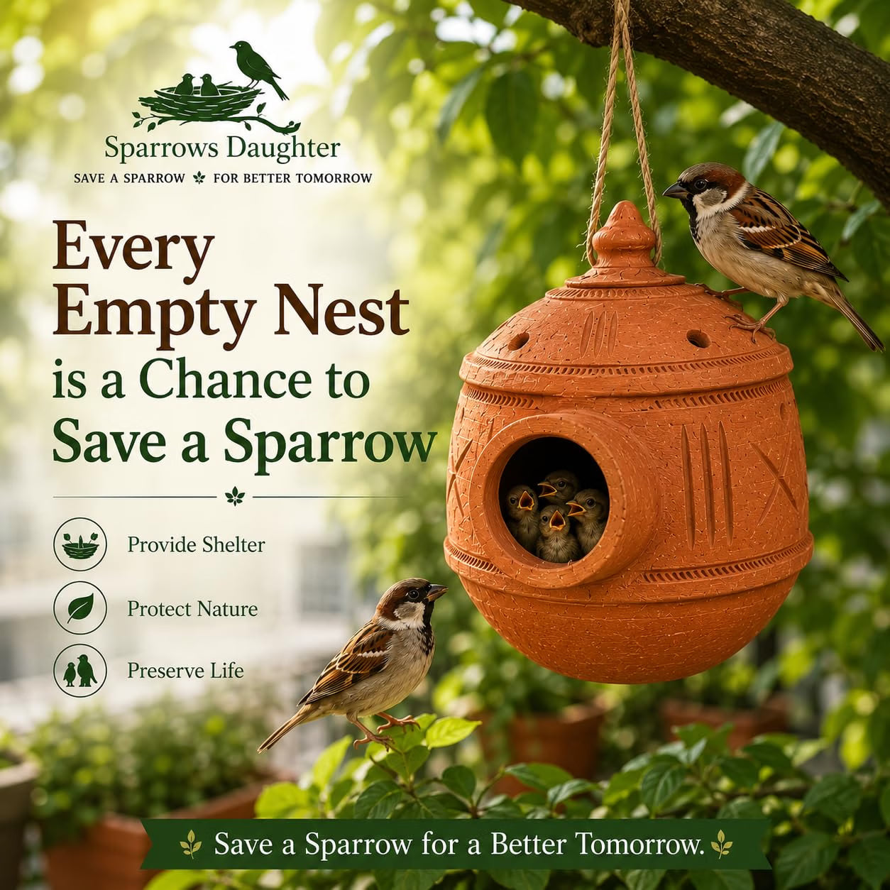 Handmade Mud Birdhouse | Terracotta Sparrow Nesting Box for Balcony Garden Terrace | 100% Natural Clay | Chidiya Ghar | Temperature Regulating Bird Nest | Eco Friendly Gift