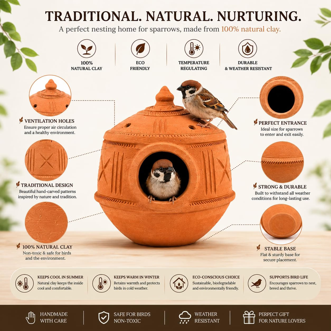 Handmade Mud Birdhouse | Terracotta Sparrow Nesting Box for Balcony Garden Terrace | 100% Natural Clay | Chidiya Ghar | Temperature Regulating Bird Nest | Eco Friendly Gift