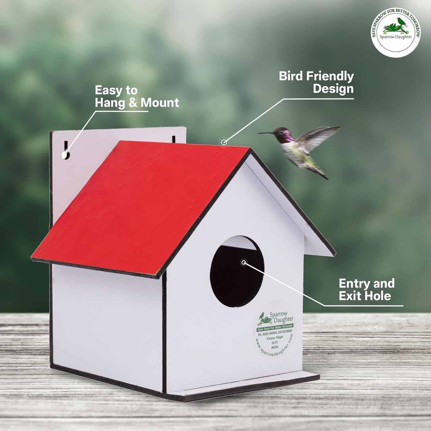 Sparrow Daughter Hut Shape MDF Bird House for House Sparrow, Love Birds, Wooden Bird Nest for Balcony & Garden Hanging, Small (Set of 2)