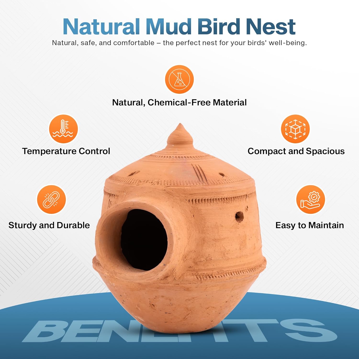 Natural Mud Bird Nest for Balcony & Garden – Bird House Cage for Sparrows, Budgies, Lovebirds, Squirrel – Indoor & Outdoor Use – NO Hanging, Cooling Design (1 Pc) Red Brown