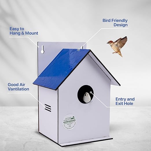 Sparrow Daughter Hut Shape MDF Bird House for House Sparrow, Love Birds, Wooden Bird Nest for Balcony & Garden Hanging, Medium Size