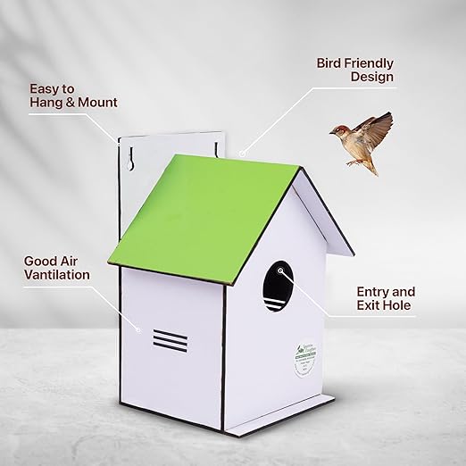 Sparrow Daughter Hut Shape MDF Bird House for House Sparrow, Love Birds, Wooden Bird Nest for Balcony & Garden Hanging, Medium Size