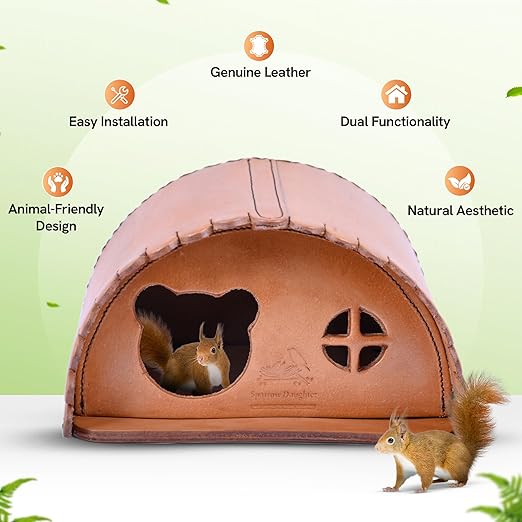 SparrowDaughter’s Leather Squirrel House for Outdoors, Garden, Backyard, Small Animals Habitat for Chinchilla,Suger Glider,mice,Hamster Squirrel with Poles, Squirrel Nest & Box