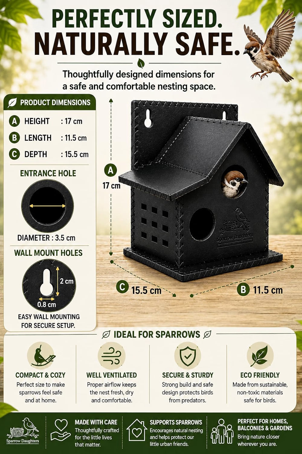 Sparrows Daughters Premium Recycled Leather Bird House for Outside | Handcrafted Sparrow Nesting Box | Side Ventilation | Wall Mount | Weather Resistant & Waterproof | Garden Balcony Hanging | Black