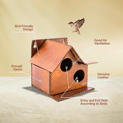 Sparrow Daughter Bird House – Original Leather, Hanging Nest Box for Balcony & Garden, Perfect for Sparrows, Lovebirds & Hummingbirds. Includes 50g Nesting Material Free!