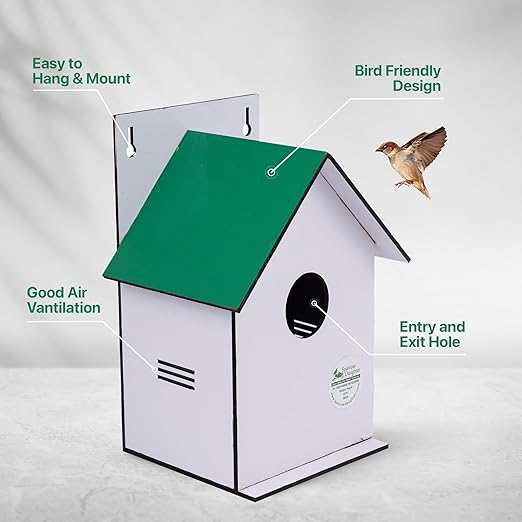 Sparrow Daughter Hut Shape MDF Bird House for House Sparrow, Love Birds, Wooden Bird Nest for Balcony & Garden Hanging, Large Size