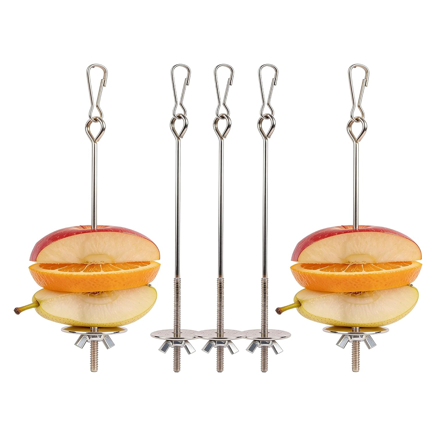 Bird Food Holder Combo Set, 5 Pcs Stainless Steel Hanging Stick Skewer, Fruit Vegetable Bird Feeder with Secure Lock Hook & Anti-Drop Base for Small Birds & Animals