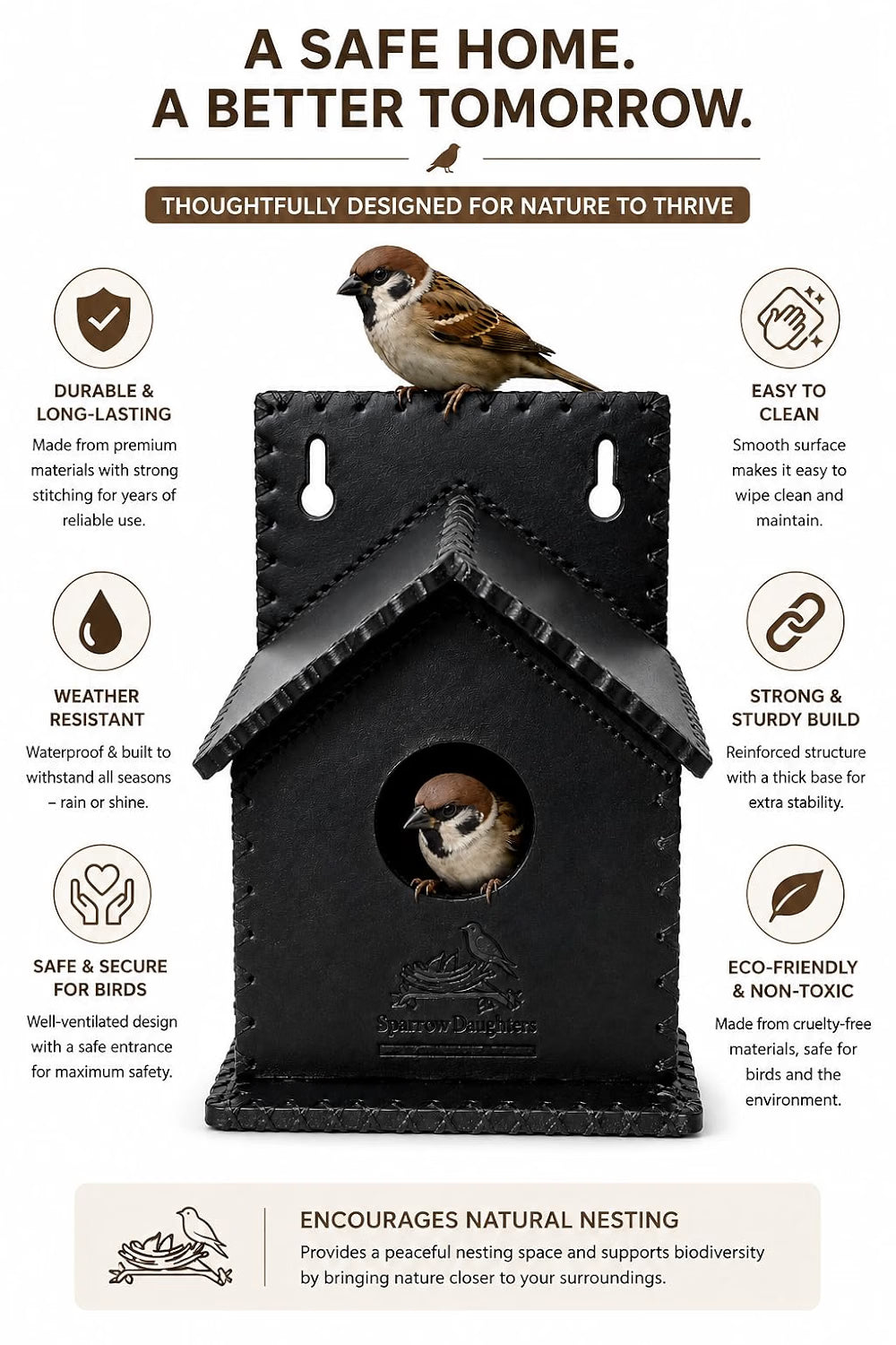 Sparrows Daughters Recycled Leather  Birdhouse & Bird Nest for Balcony Garden | Hanging Sparrow Nest with Air Ventilation | Wall Mount | Weather Resistant | Chidiya Ka Ghosla | Waterproof | Black