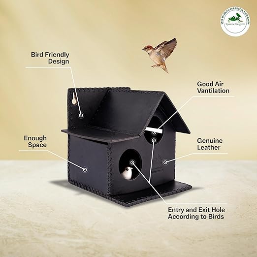 Sparrow Daughter Bird House – Original Leather, Hanging Nest Box for Balcony & Garden, Perfect for Sparrows, Lovebirds & Hummingbirds. Includes 50g Nesting Material Free!