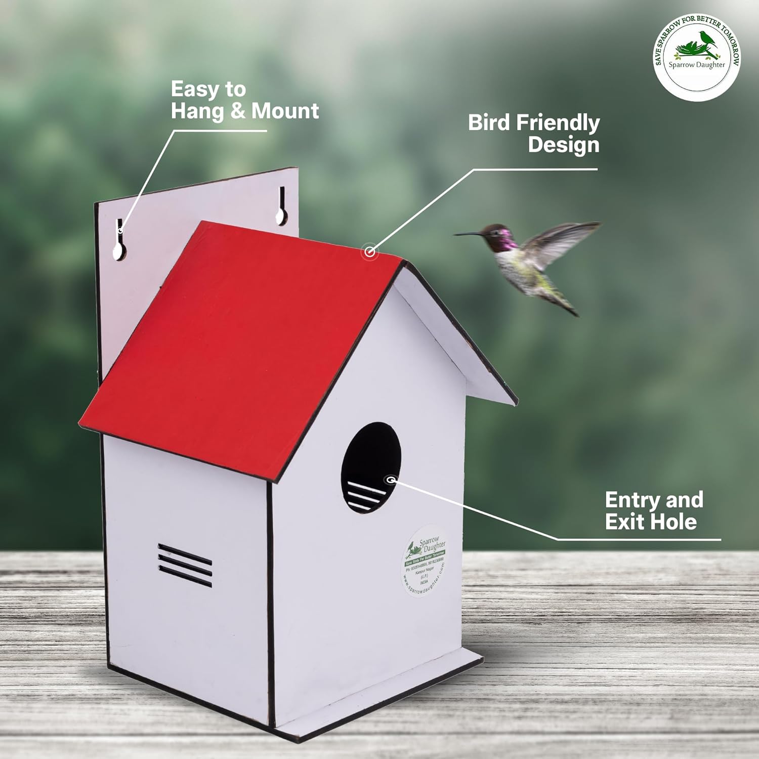 Sparrow Daughter Hut Shape MDF Bird House for House Sparrow, Love Birds, Wooden Bird Nest for Balcony & Garden Hanging, Large Size