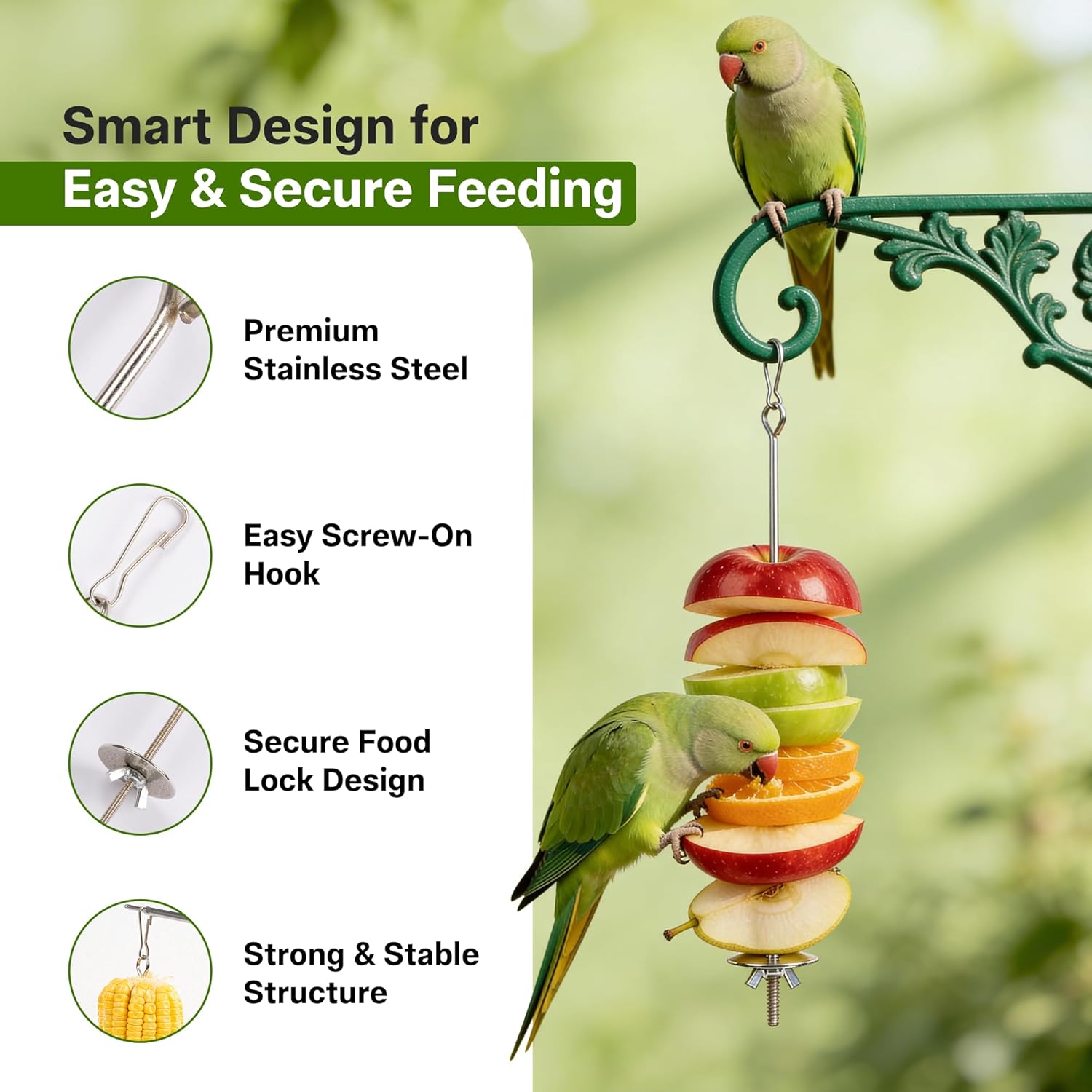 Bird Food Holder Combo Set, 5 Pcs Stainless Steel Hanging Stick Skewer, Fruit Vegetable Bird Feeder with Secure Lock Hook & Anti-Drop Base for Small Birds & Animals