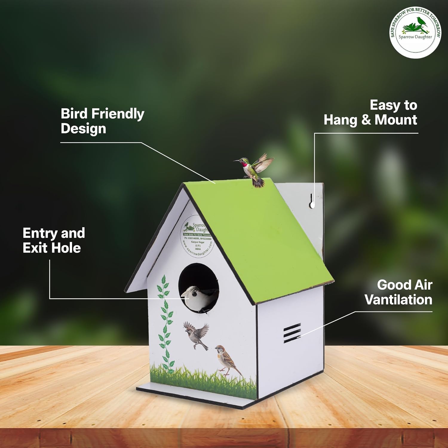 Sparrow daughter MDF Printed Bird House nest for Balcony & Garden Hanging Made with Russian Wood Designed for Love Birds, Sparrow, Hummingbird, Kingfisher (Light Green Color)