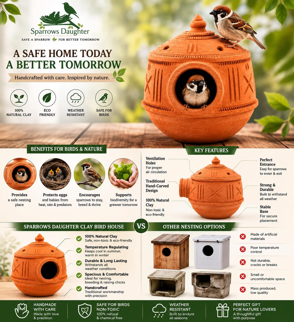 Handmade Mud Birdhouse | Terracotta Sparrow Nesting Box for Balcony Garden Terrace | 100% Natural Clay | Chidiya Ghar | Temperature Regulating Bird Nest | Eco Friendly Gift
