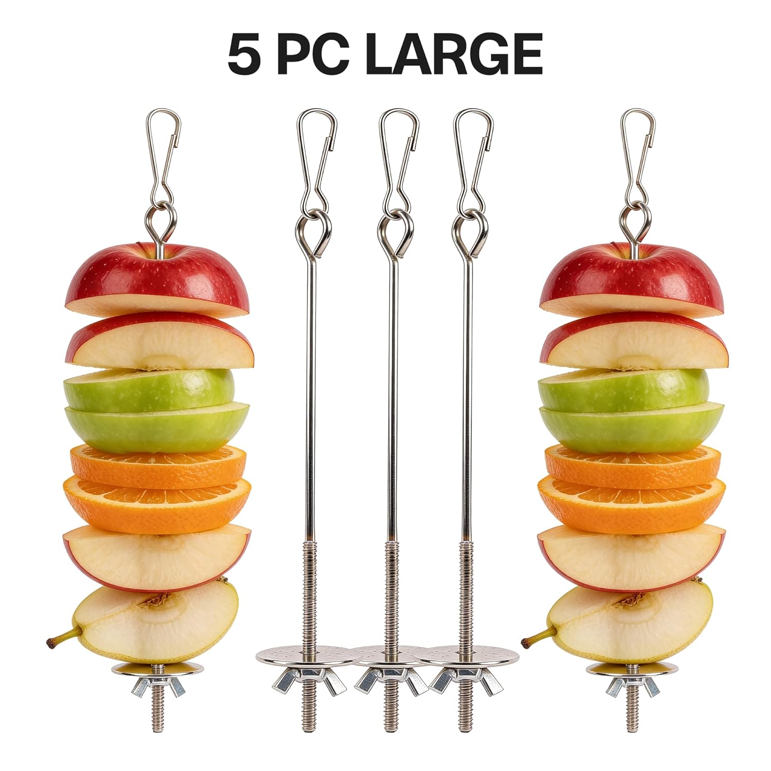 Bird Food Holder Combo Set, 5 Pcs Stainless Steel Hanging Stick Skewer, Fruit Vegetable Bird Feeder with Secure Lock Hook & Anti-Drop Base for Small Birds & Animals