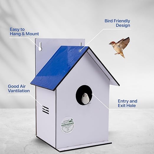 Sparrow Daughter Hut Shape MDF Bird House for House Sparrow, Love Birds, Wooden Bird Nest for Balcony & Garden Hanging, Large Size