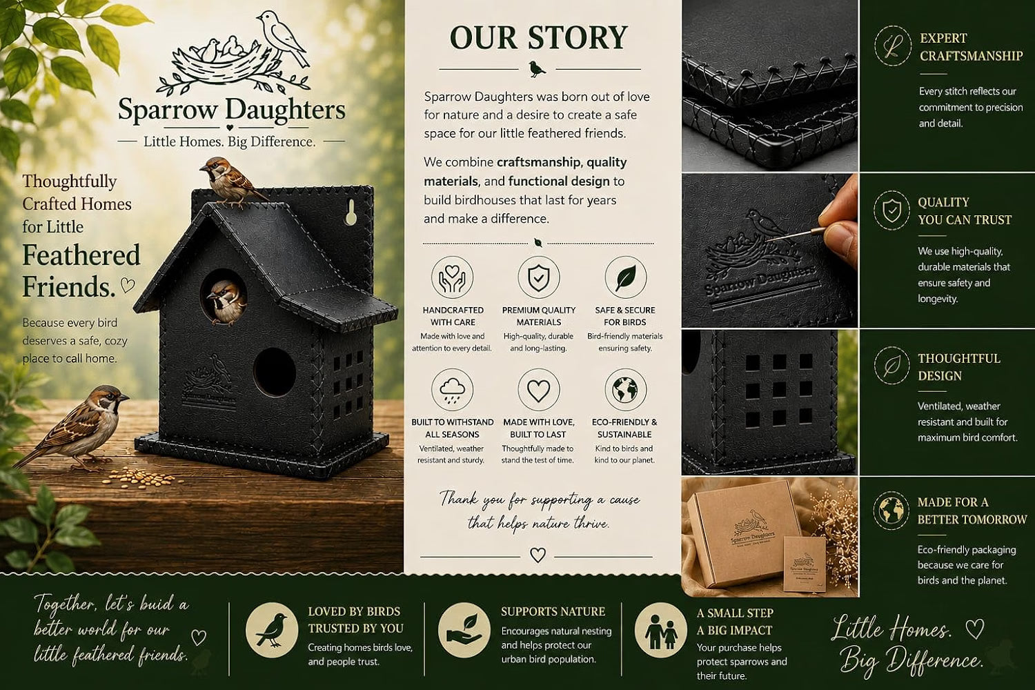 Sparrows Daughters Premium Recycled Leather Bird House for Outside | Handcrafted Sparrow Nesting Box | Side Ventilation | Wall Mount | Weather Resistant & Waterproof | Garden Balcony Hanging | Black