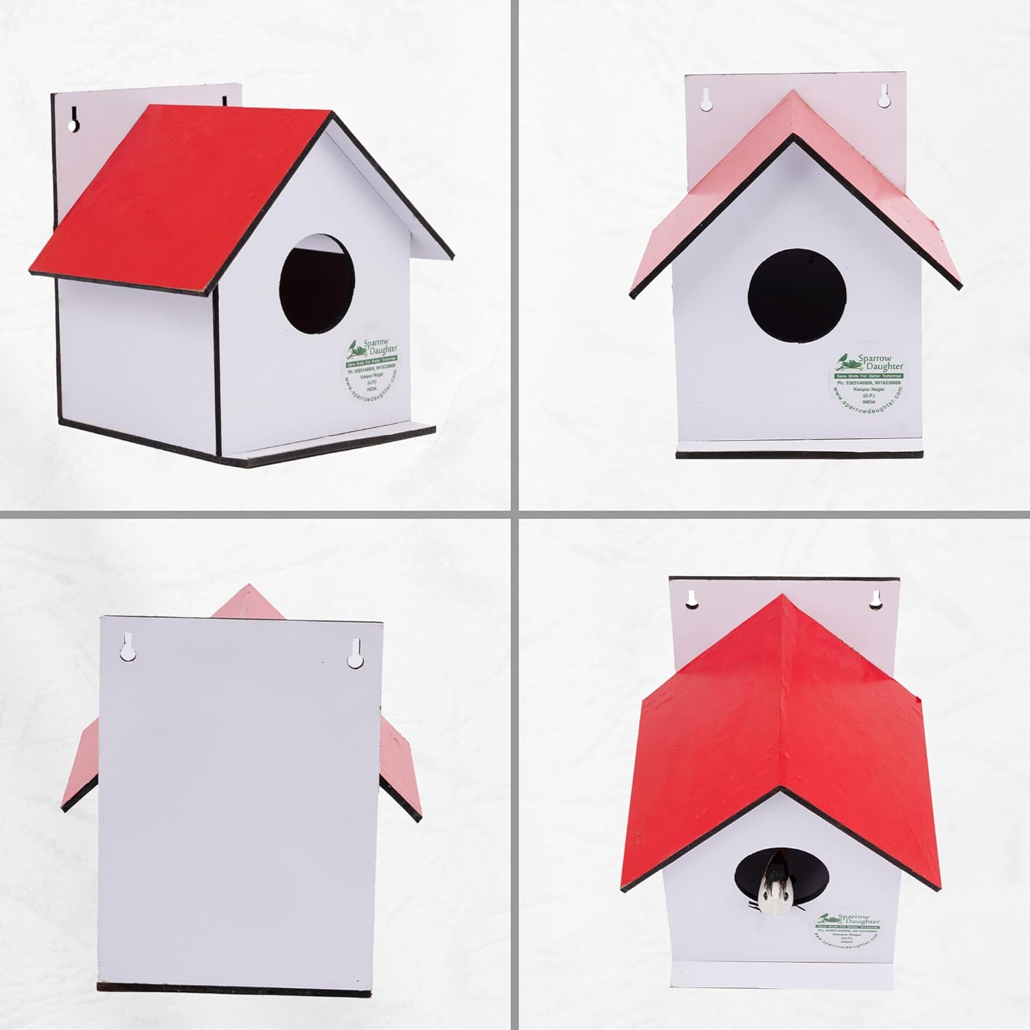 Sparrow Daughter Hut Shape MDF Bird House for House Sparrow, Love Birds, Wooden Bird Nest for Balcony & Garden Hanging, Small (Set of 2)