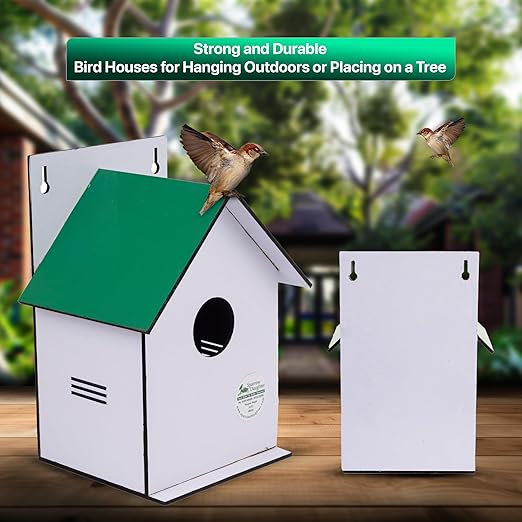 Sparrow Daughter Hut Shape MDF Bird House for House Sparrow, Love Birds, Wooden Bird Nest for Balcony & Garden Hanging, Medium Size