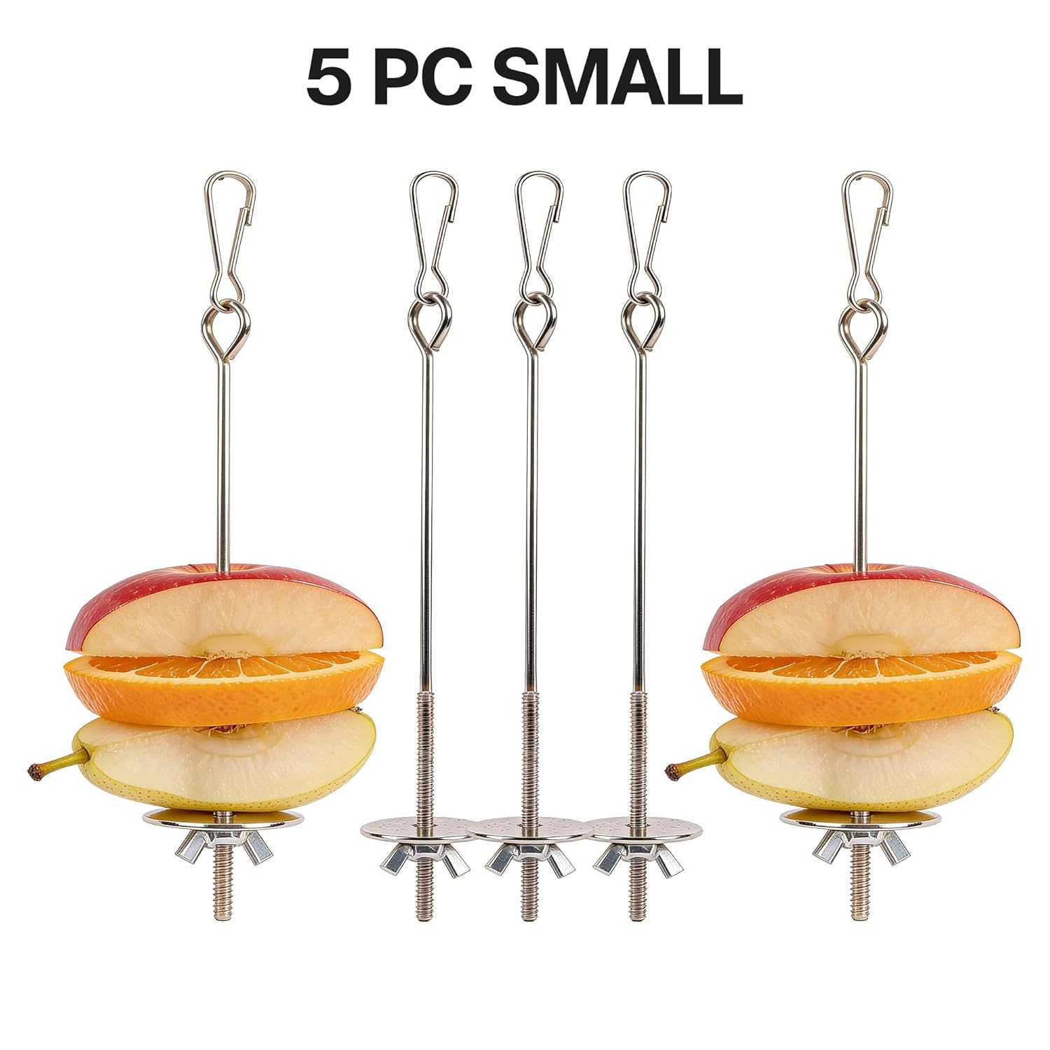 Bird Food Holder Combo Set, 5 Pcs Stainless Steel Hanging Stick Skewer, Fruit Vegetable Bird Feeder with Secure Lock Hook & Anti-Drop Base for Small Birds & Animals